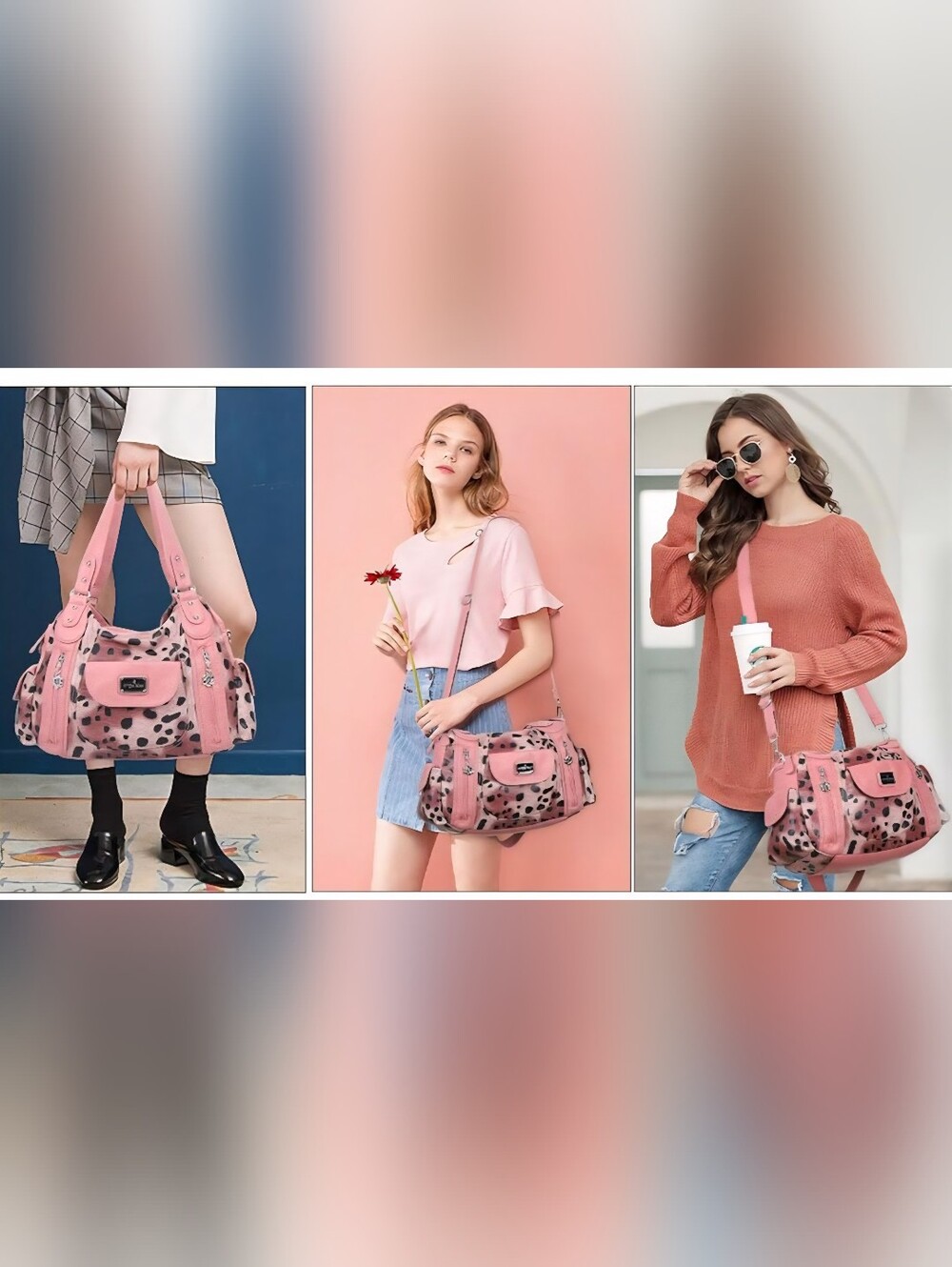 Angel Kiss Vegan Leather Leopard Print Hobo Satchel Bag- Pink & Black - Picture 2 of 9